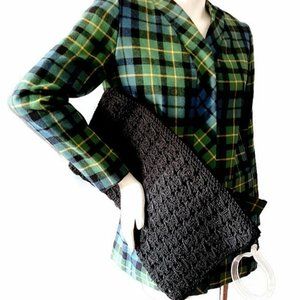 Huge 1940s Vintage Black Cord Clutch Handbag Purse With Lucite Ring Handle